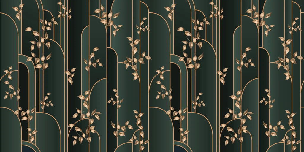 Tapet personalizat art deco cu insertii aurii pe un fundal verde inchis manami