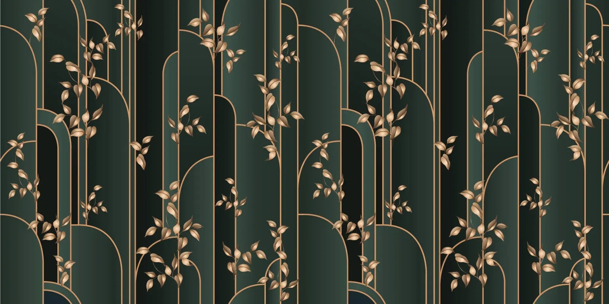 Tapet personalizat art deco cu insertii aurii pe un fundal verde inchis manami