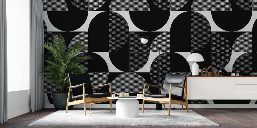 Tapet personalizat art deco de inspiratie bauhaus cu cercuri geometrice in alb negru monochrome art deco