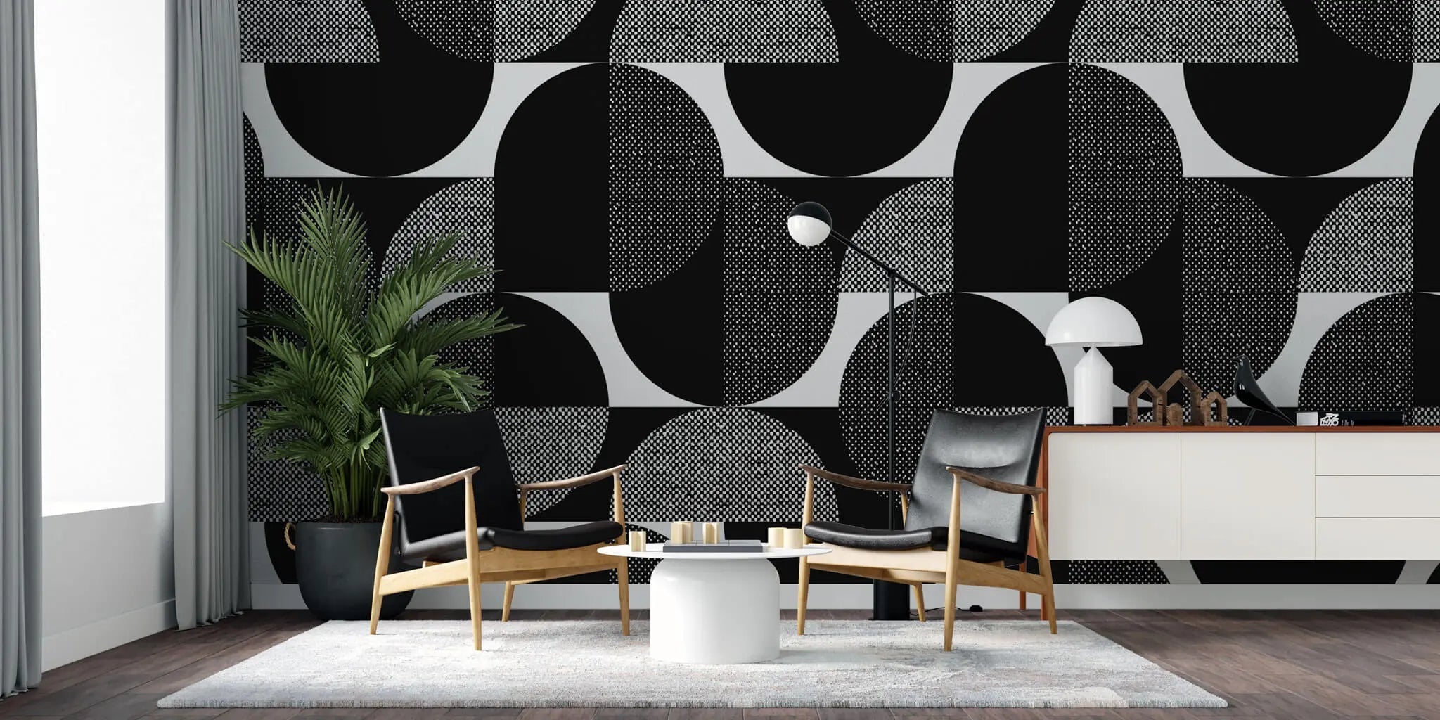 Tapet personalizat art deco de inspiratie bauhaus cu cercuri geometrice in alb negru monochrome art deco