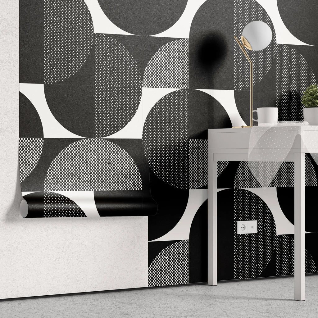 Tapet personalizat art deco de inspiratie bauhaus cu cercuri geometrice in alb negru monochrome art deco