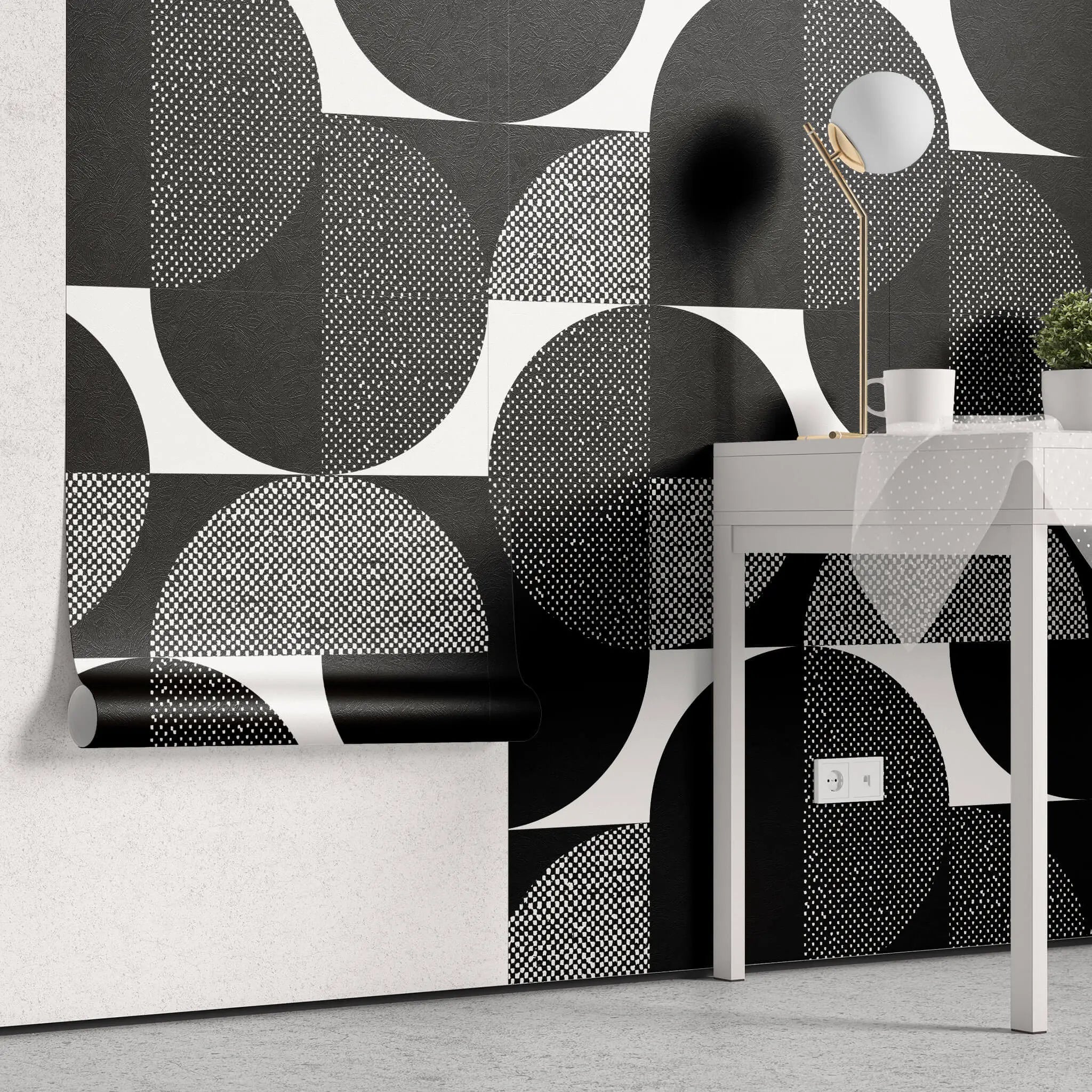 Tapet personalizat art deco de inspiratie bauhaus cu cercuri geometrice in alb negru monochrome art deco