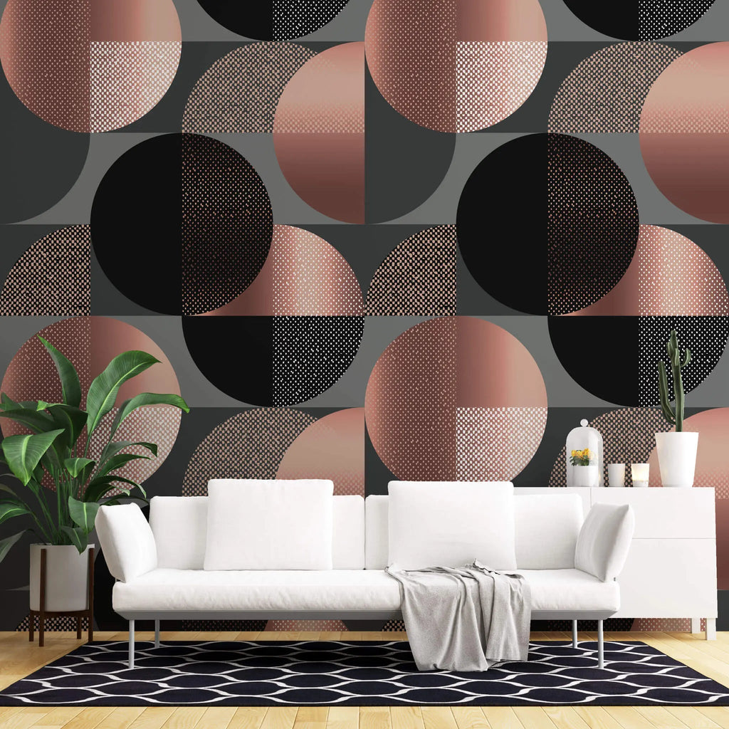 Tapet personalizat art deco de inspiratie bauhaus cu cercuri geometrice in nuante rose gold si negru rose gold bauhaus