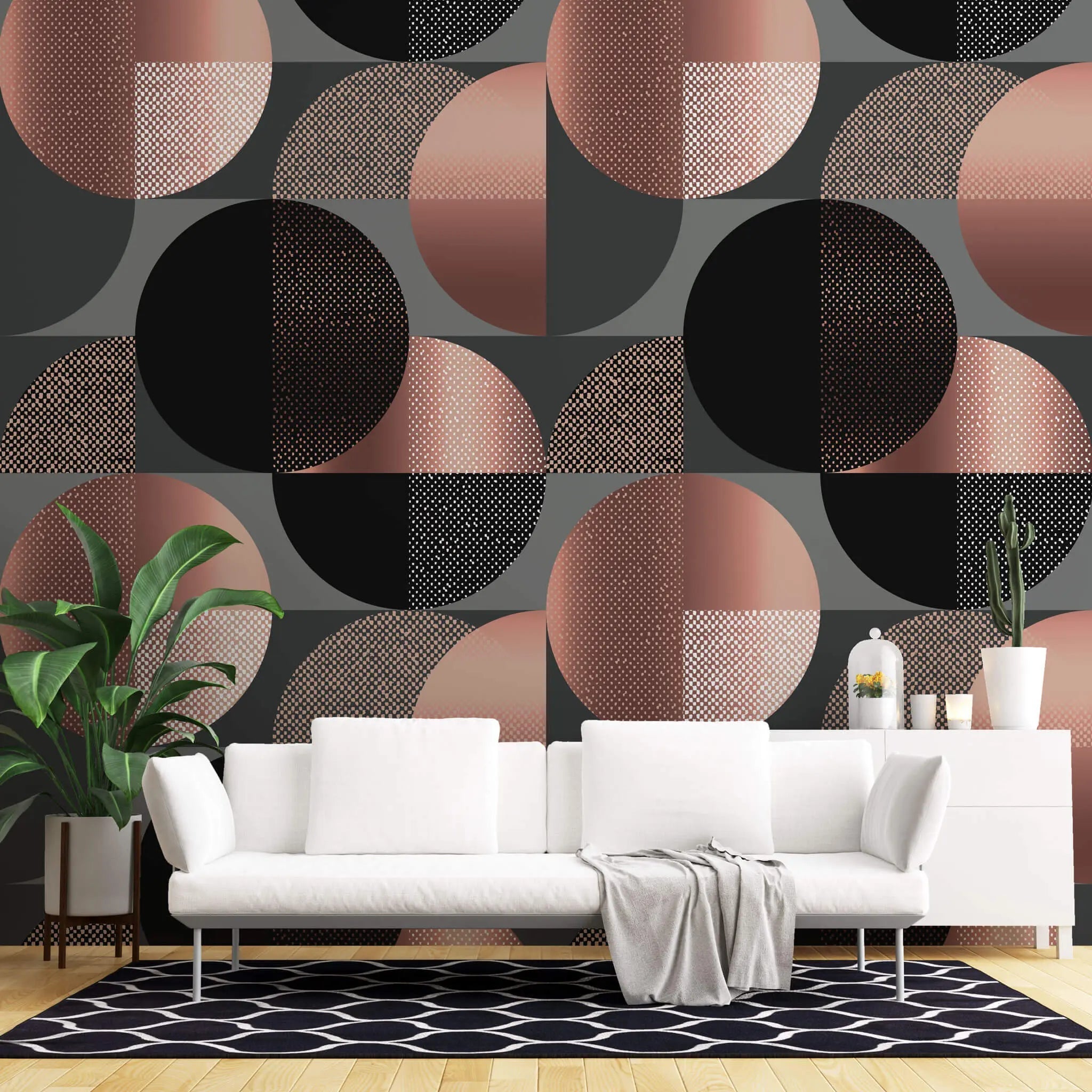 Tapet personalizat art deco de inspiratie bauhaus cu cercuri geometrice in nuante rose gold si negru rose gold bauhaus