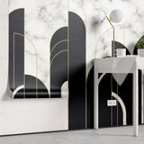 Tapet personalizat art deco cu marmura alba si neagra incadrata in arcade aurii in stil art deco golden black&white marble