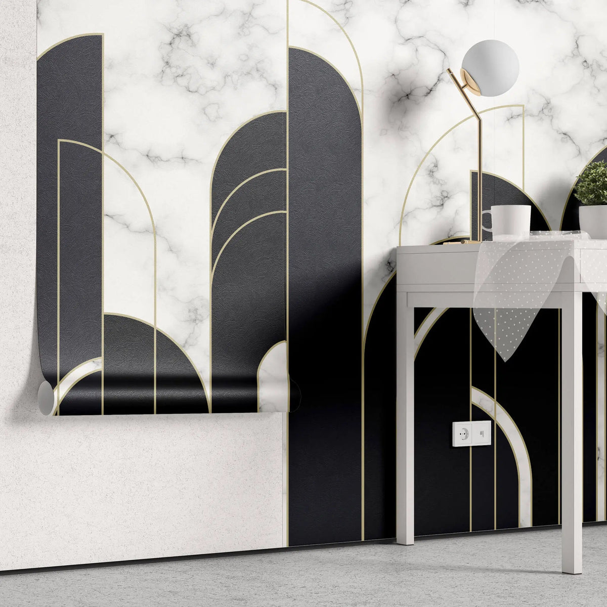 Tapet personalizat art deco cu marmura alba si neagra incadrata in arcade aurii in stil art deco golden black&white marble