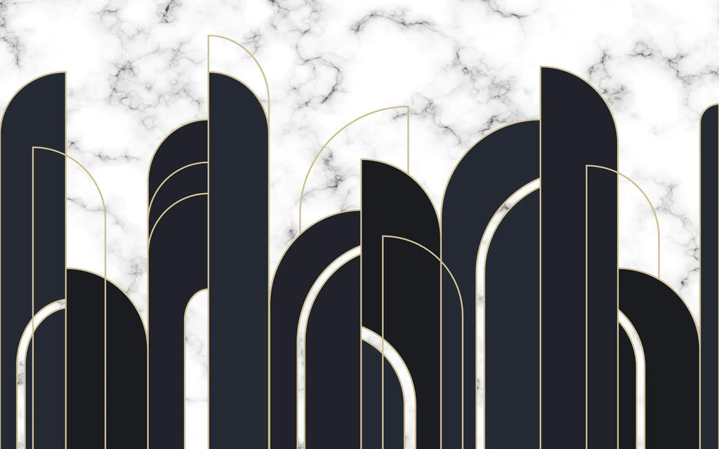 Tapet personalizat art deco cu marmura alba si neagra incadrata in arcade aurii in stil art deco golden black&white marble