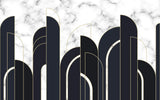 Tapet personalizat art deco cu marmura alba si neagra incadrata in arcade aurii in stil art deco golden black&white marble
