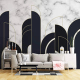 Tapet personalizat art deco cu marmura alba si neagra incadrata in arcade aurii in stil art deco golden black&white marble