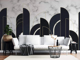 Tapet personalizat art deco cu marmura alba si neagra incadrata in arcade aurii in stil art deco golden black&white marble