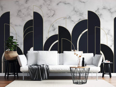 Tapet personalizat art deco cu marmura alba si neagra incadrata in arcade aurii in stil art deco golden black&white marble