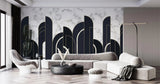 Tapet personalizat art deco cu marmura alba si neagra incadrata in arcade aurii in stil art deco golden black&white marble