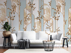 Tapet personalizat art deco cu elemente florale in nuante de bronz si verde menta bronze&mint art deco