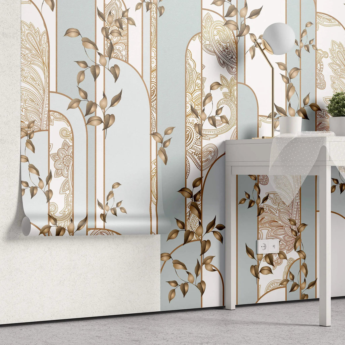 Tapet personalizat art deco cu elemente florale in nuante de bronz si verde menta bronze&mint art deco