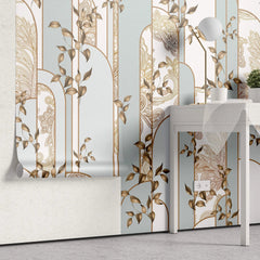 Tapet personalizat art deco cu elemente florale in nuante de bronz si verde menta bronze&mint art deco