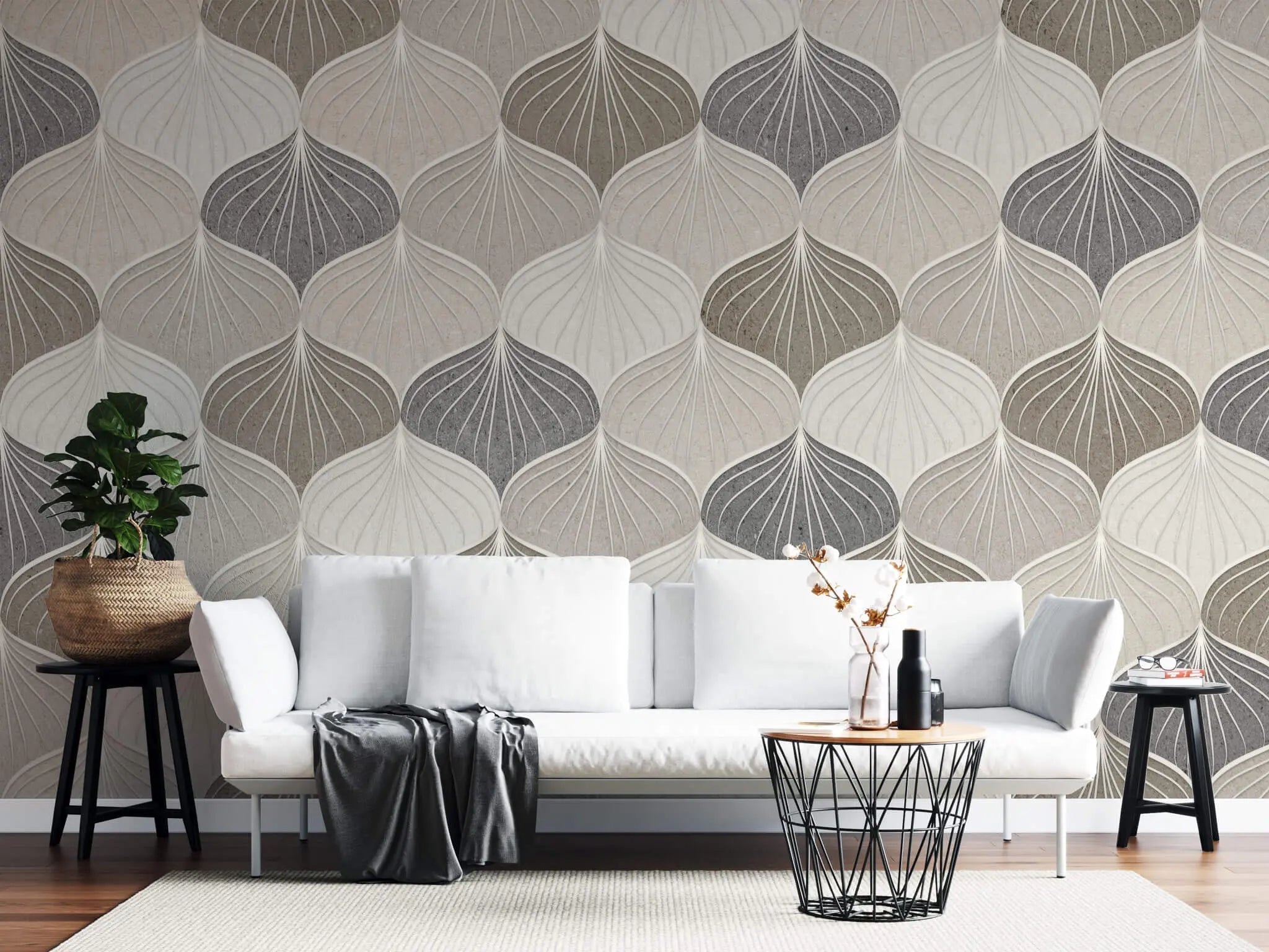 Tapet personalizat art deco in nuante pamantii cu model de scoici sea shells