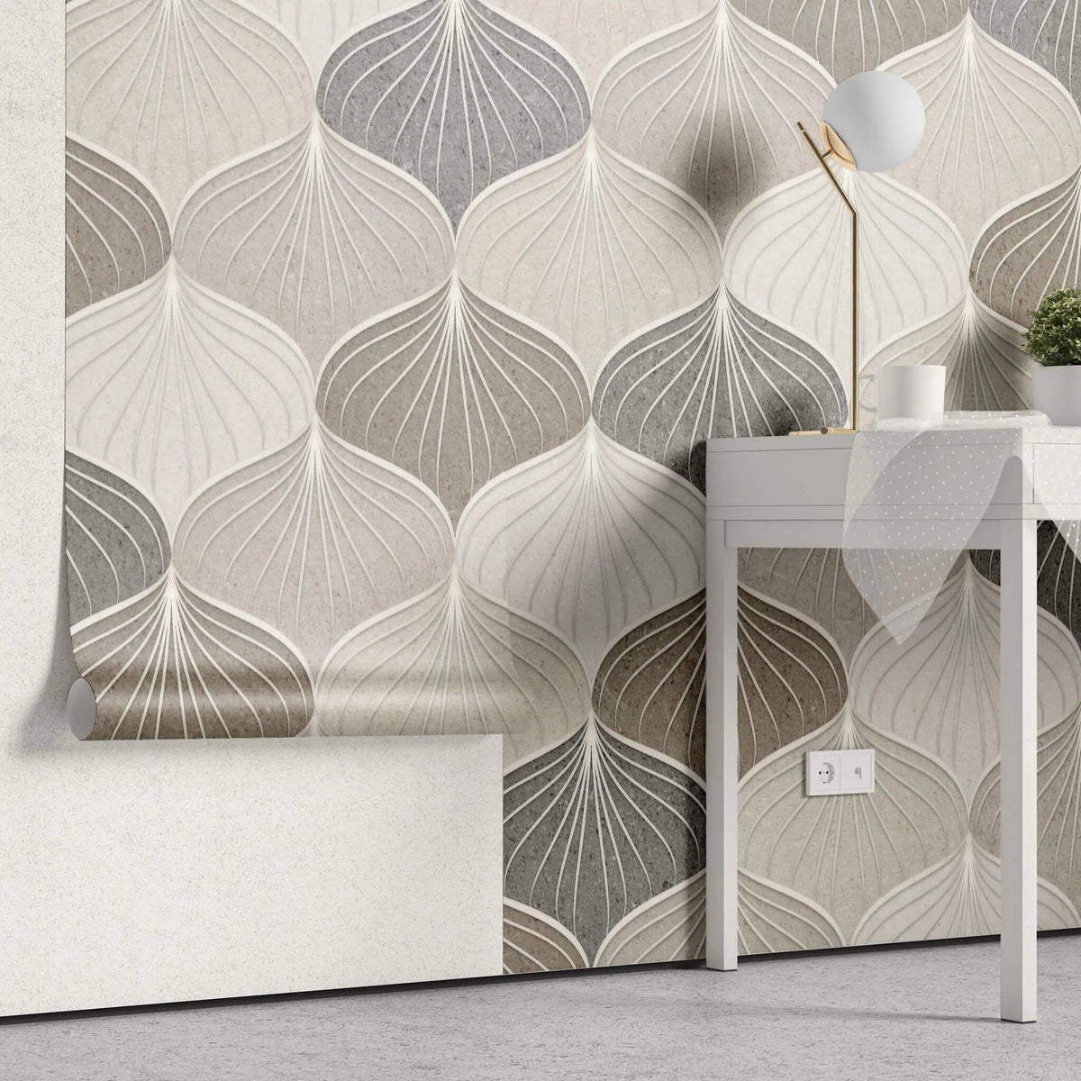Tapet personalizat art deco in nuante pamantii cu model de scoici sea shells