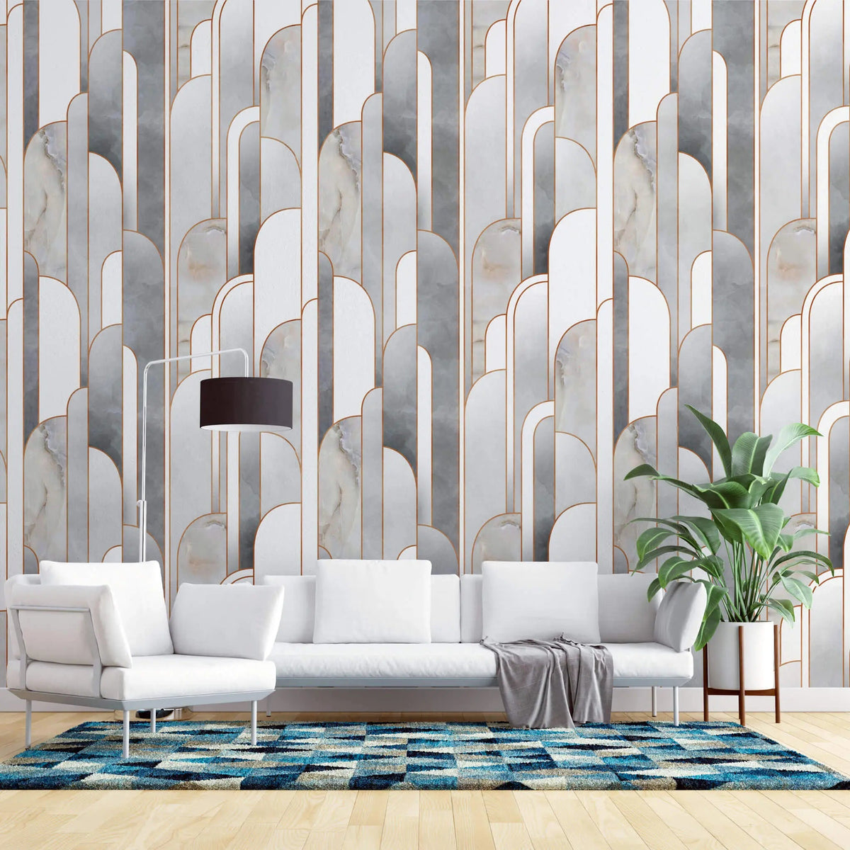 Tapet personalizat art deco cu marmura incadrata in arcade specifice stilului art deco marble towers
