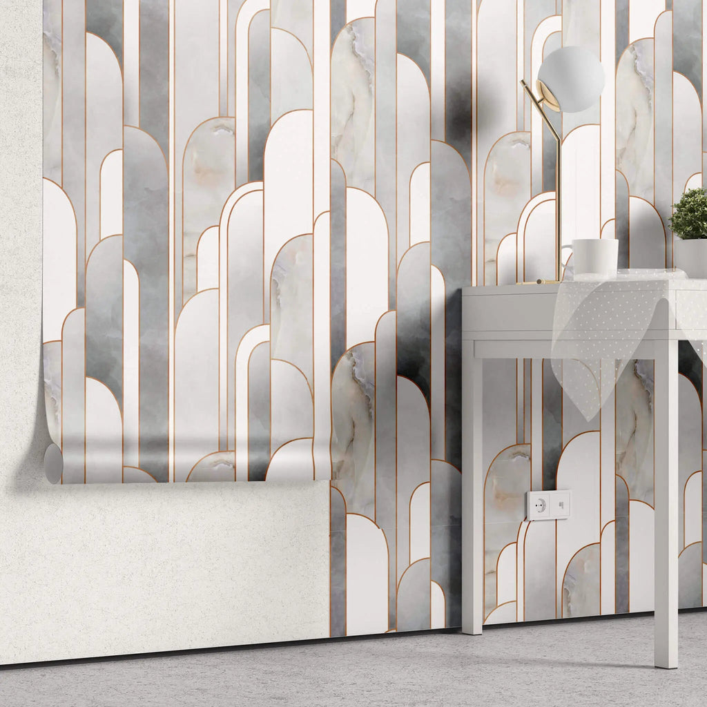 Tapet personalizat art deco cu marmura incadrata in arcade specifice stilului art deco marble towers