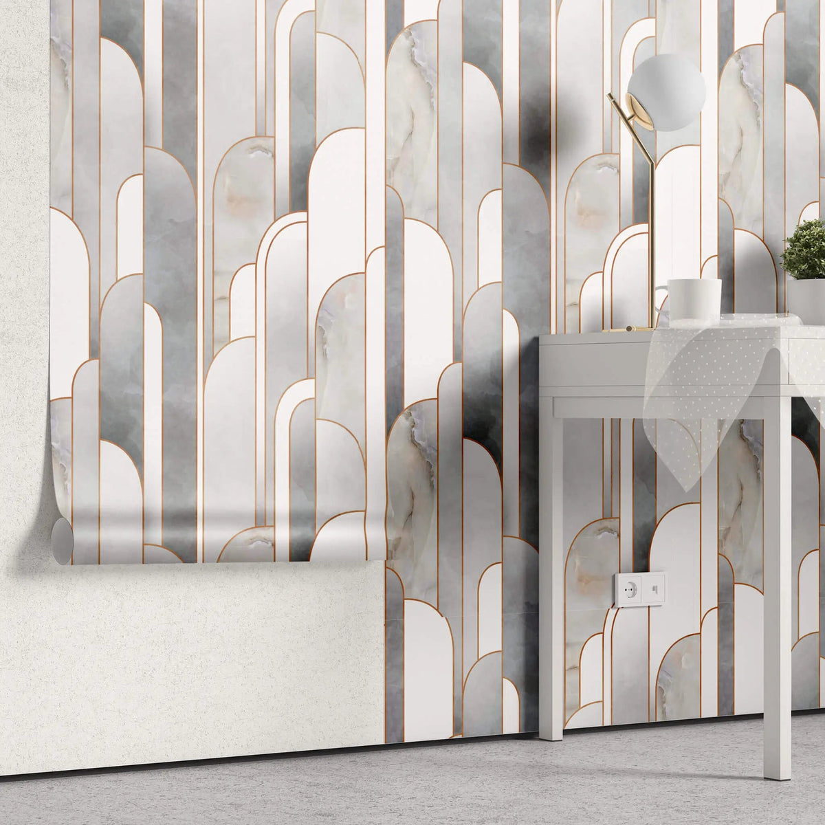 Tapet personalizat art deco cu marmura incadrata in arcade specifice stilului art deco marble towers