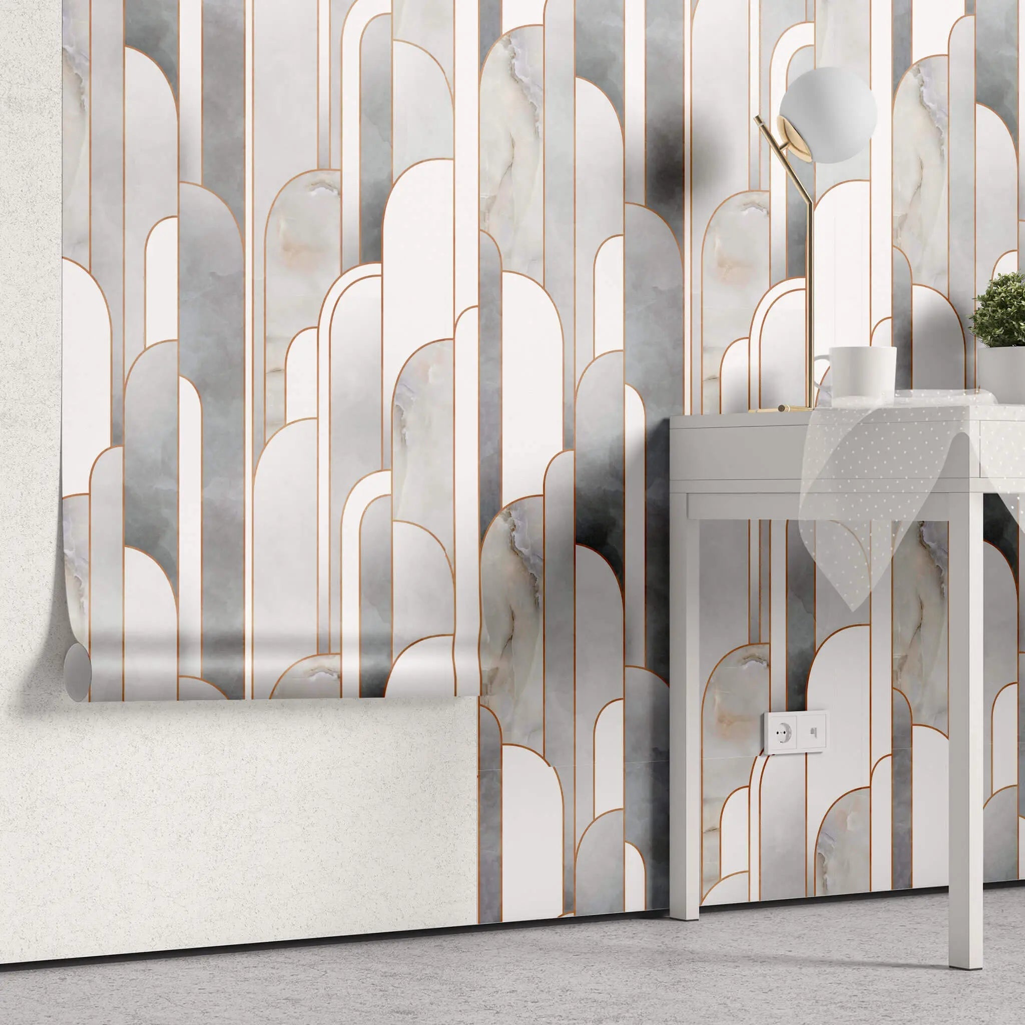 Tapet personalizat art deco cu marmura incadrata in arcade specifice stilului art deco marble towers
