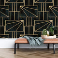 Tapet personalizat art deco cu forme geometrice aurii intr un fundal verde alpin gold pine