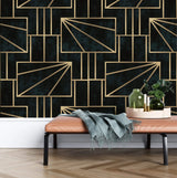 Tapet personalizat art deco cu forme geometrice aurii intr un fundal verde alpin gold pine