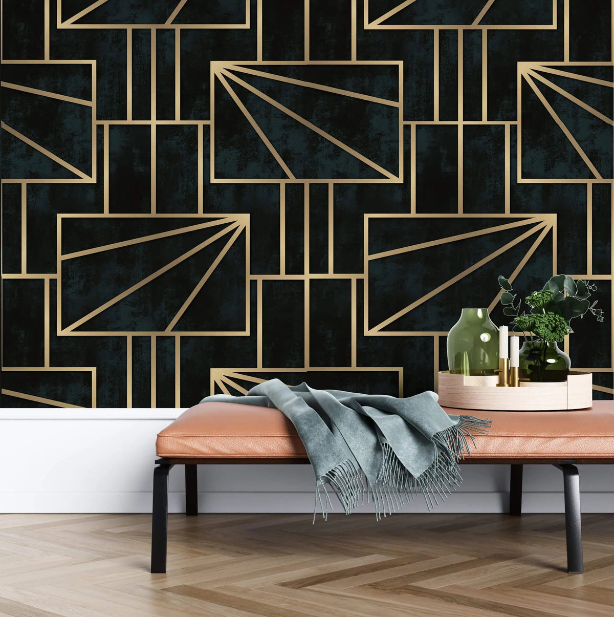 Tapet personalizat art deco cu forme geometrice aurii intr un fundal verde alpin gold pine