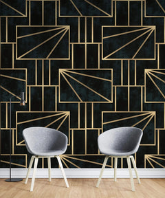 Tapet personalizat art deco cu forme geometrice aurii intr un fundal verde alpin gold pine