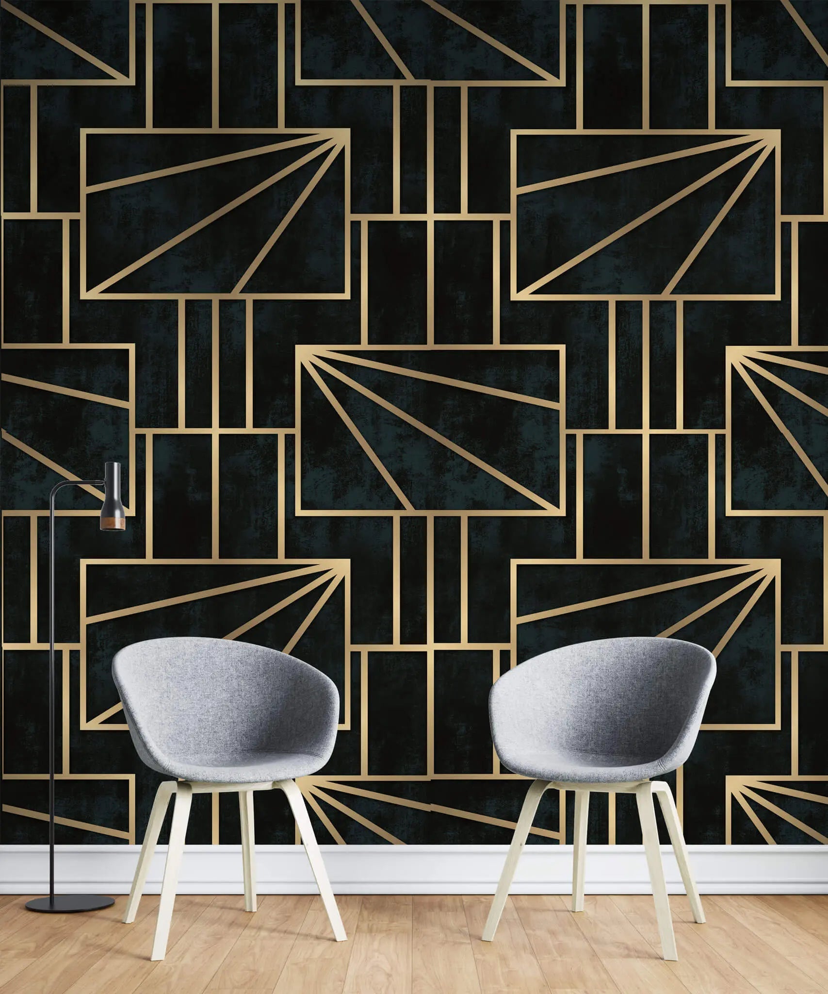 Tapet personalizat art deco cu forme geometrice aurii intr un fundal verde alpin gold pine