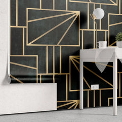 Tapet personalizat art deco cu forme geometrice aurii intr un fundal verde alpin gold pine