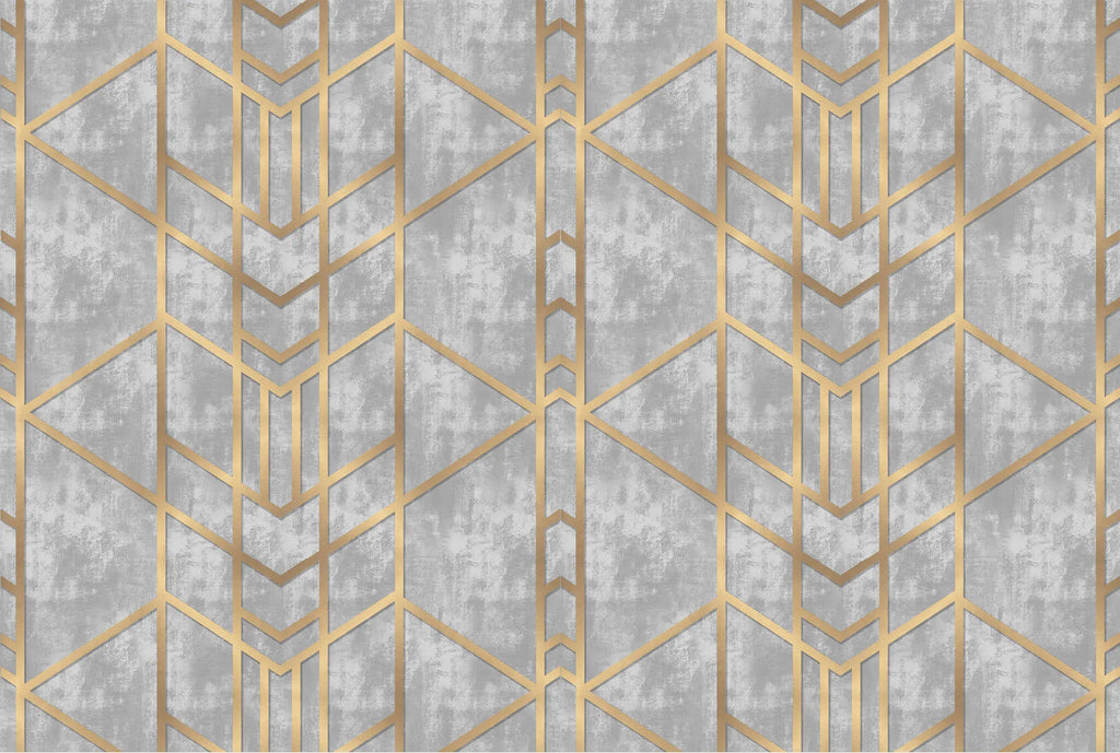 Tapet personalizat art deco cu forme geometrice aurii pe un fundal cimentat golden concrete