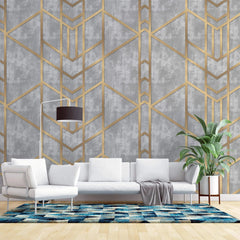 Tapet personalizat art deco cu forme geometrice aurii pe un fundal cimentat golden concrete