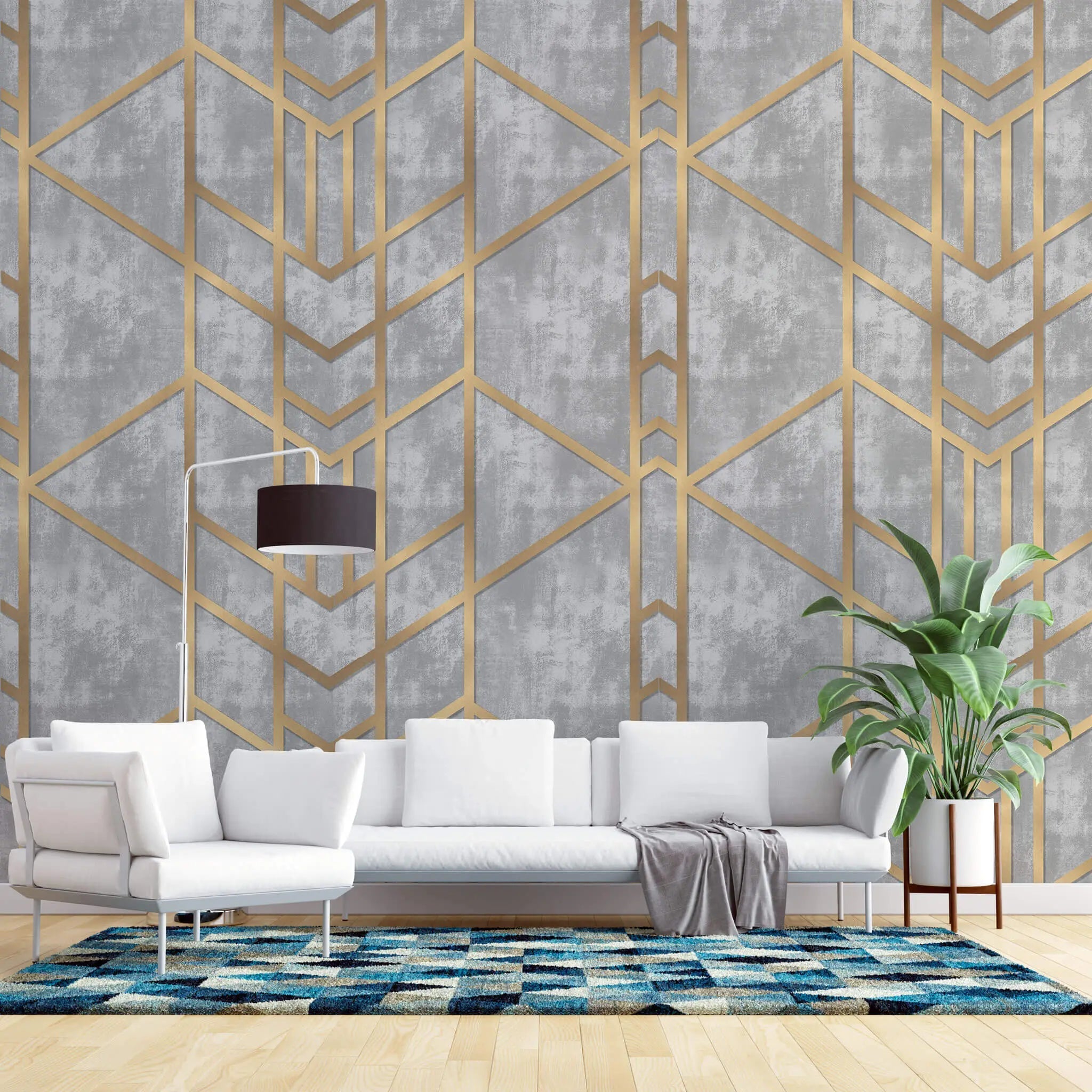 Tapet personalizat art deco cu forme geometrice aurii pe un fundal cimentat golden concrete