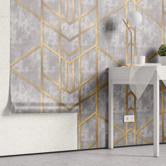 Tapet personalizat art deco cu forme geometrice aurii pe un fundal cimentat golden concrete