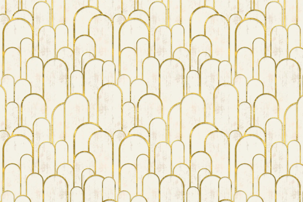 Tapet personalizat art deco cu arcade aurii pe fundal alb texturat in stil art deco golden arches