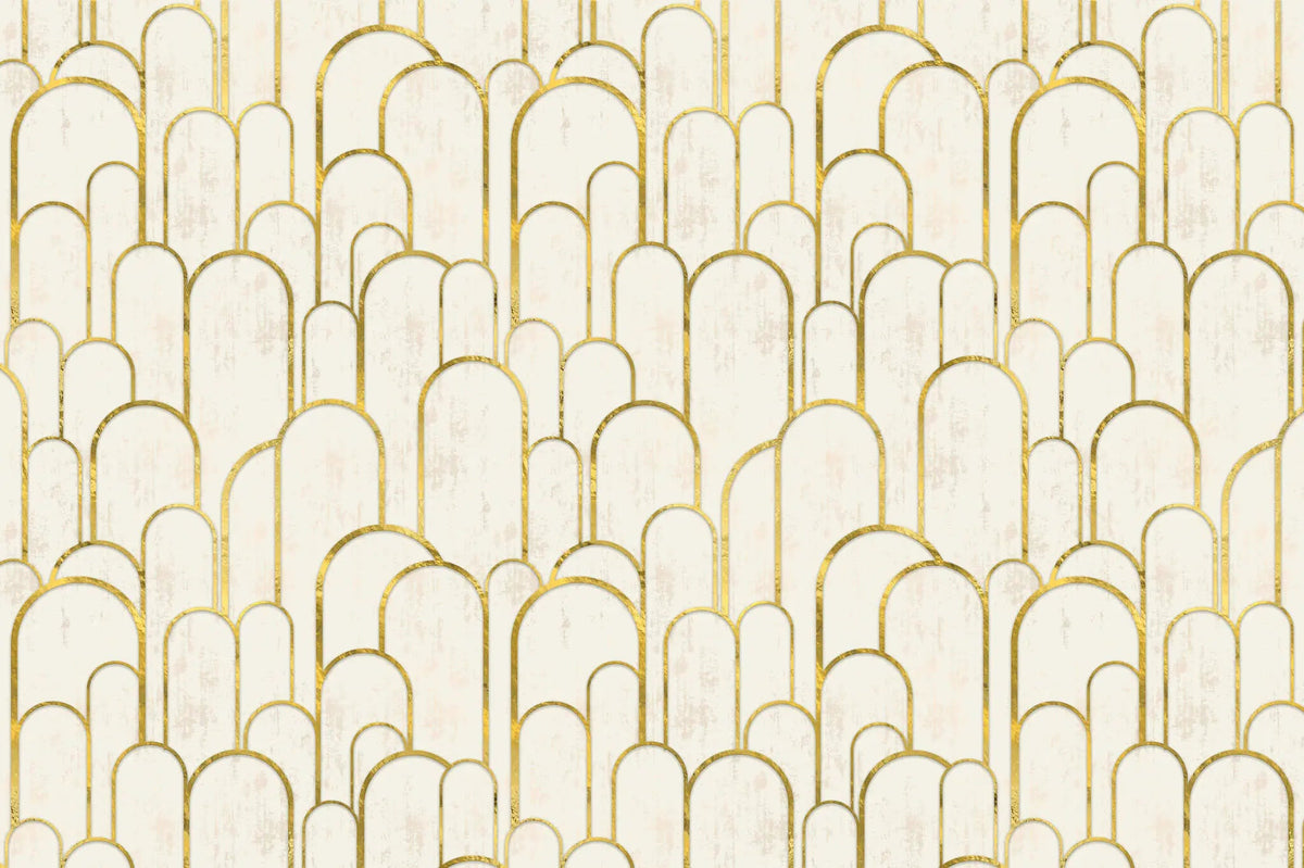 Tapet personalizat art deco cu arcade aurii pe fundal alb texturat in stil art deco golden arches