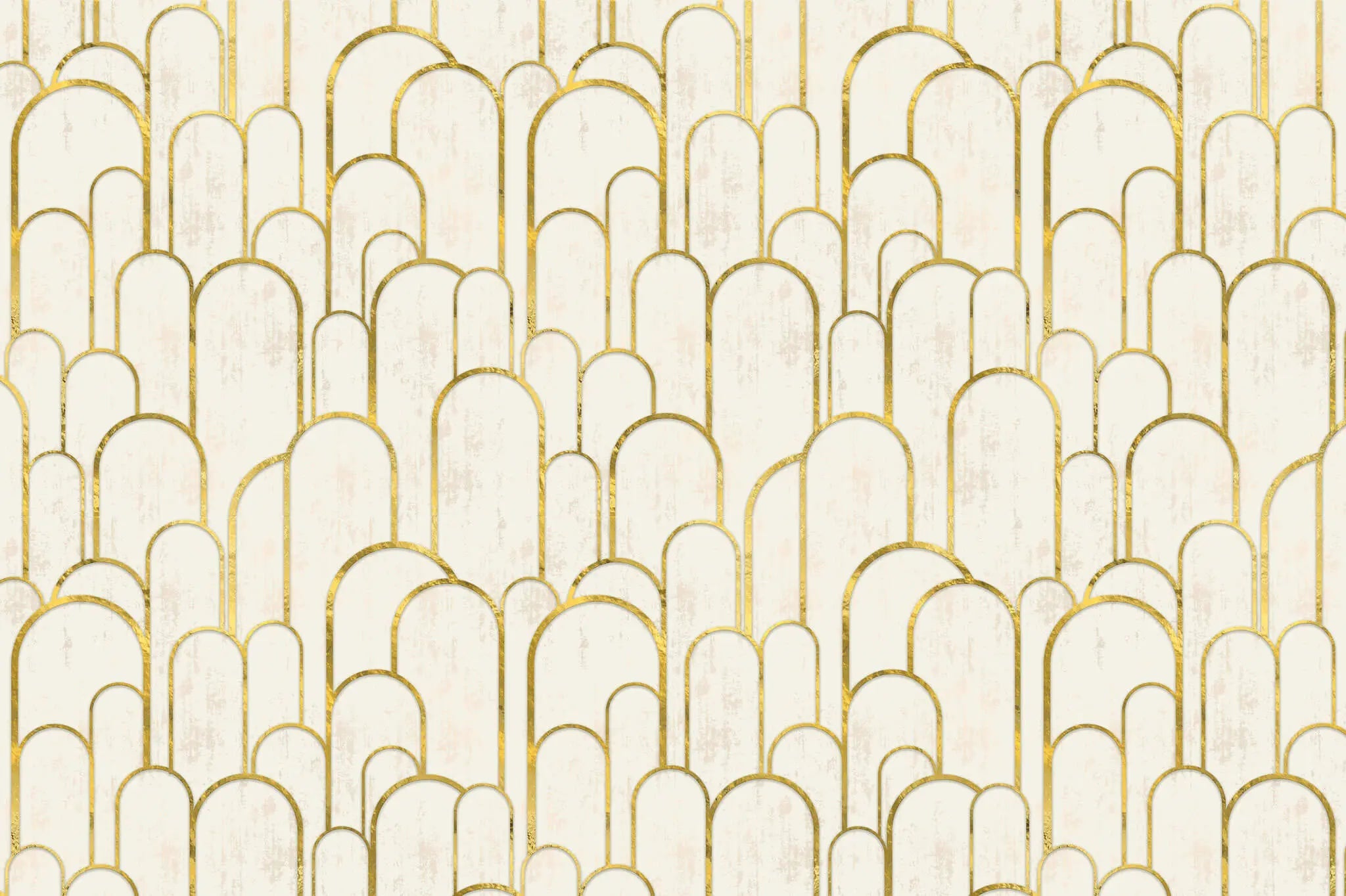 Tapet personalizat art deco cu arcade aurii pe fundal alb texturat in stil art deco golden arches