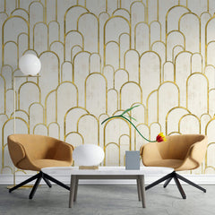 Tapet personalizat art deco cu arcade aurii pe fundal alb texturat in stil art deco golden arches