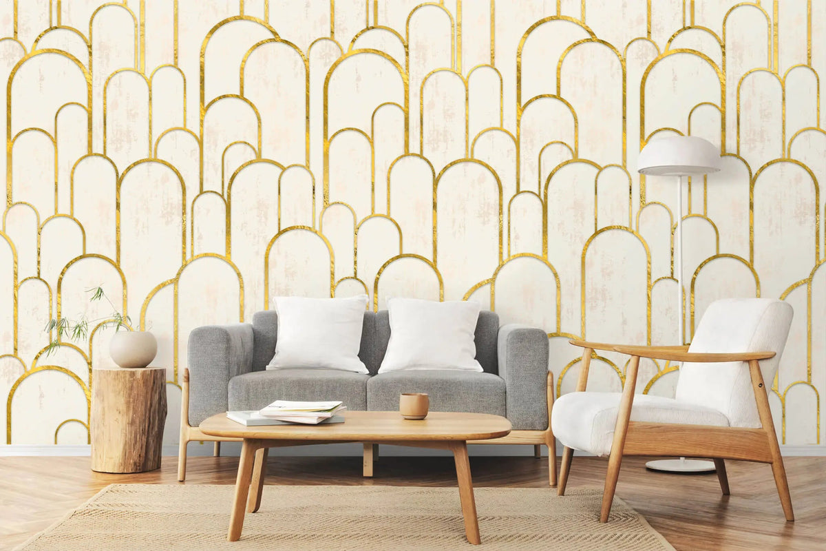 Tapet personalizat art deco cu arcade aurii pe fundal alb texturat in stil art deco golden arches
