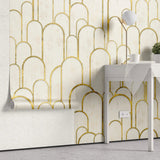 Tapet personalizat art deco cu arcade aurii pe fundal alb texturat in stil art deco golden arches