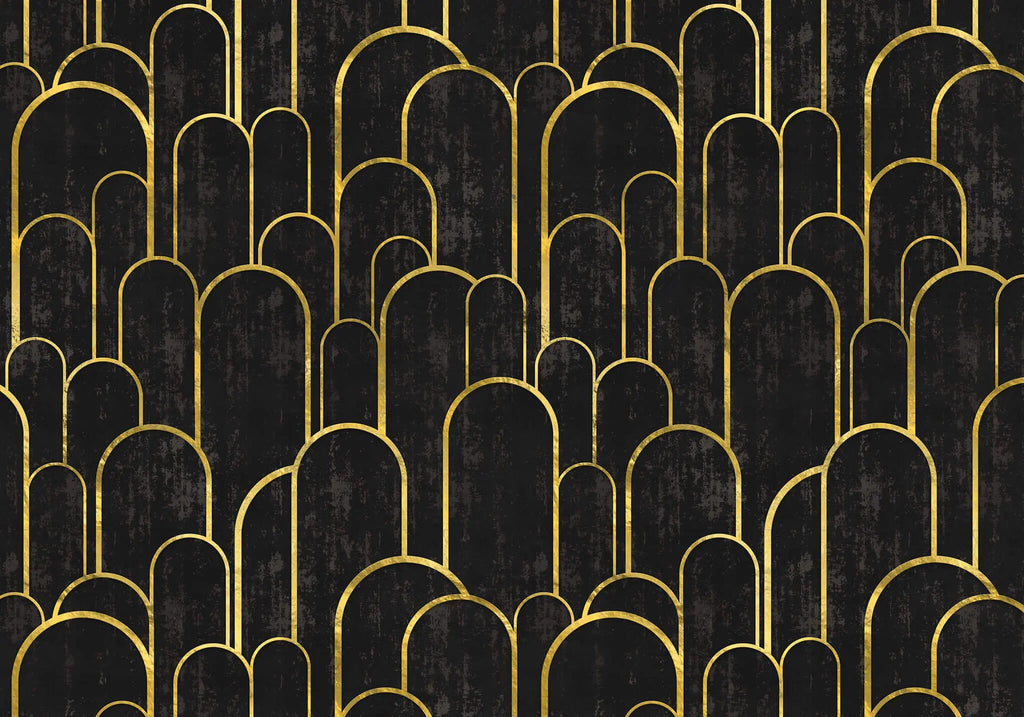 Tapet personalizat art deco cu arcade aurii pe fundal negru texturat in stil art deco golden black arches