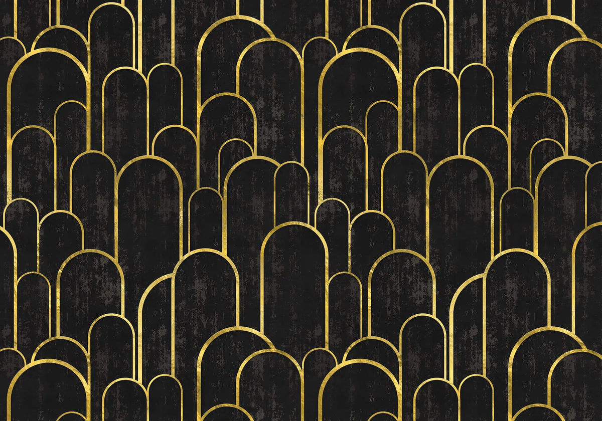 Tapet personalizat art deco cu arcade aurii pe fundal negru texturat in stil art deco golden black arches