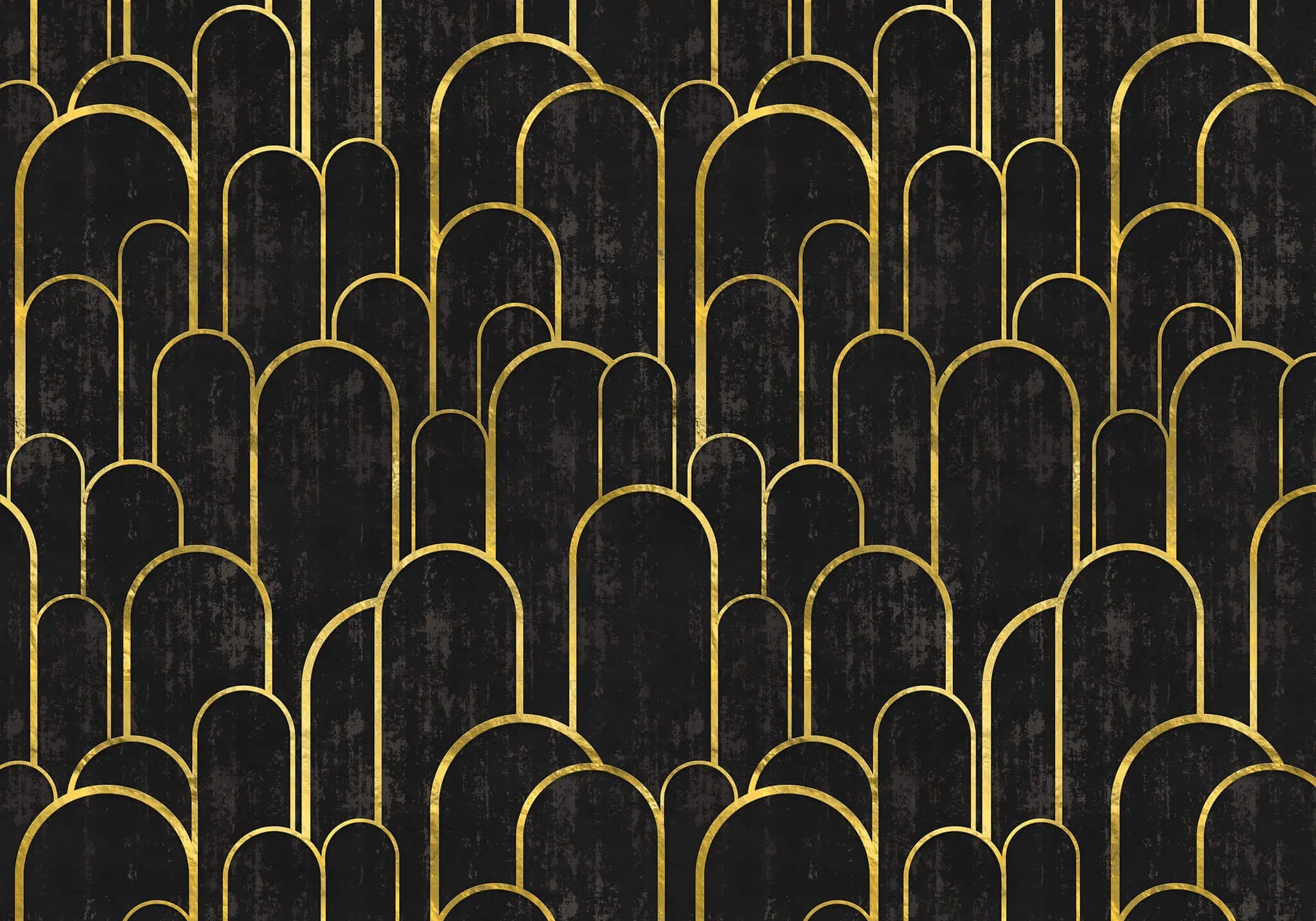 Tapet personalizat art deco cu arcade aurii pe fundal negru texturat in stil art deco golden black arches