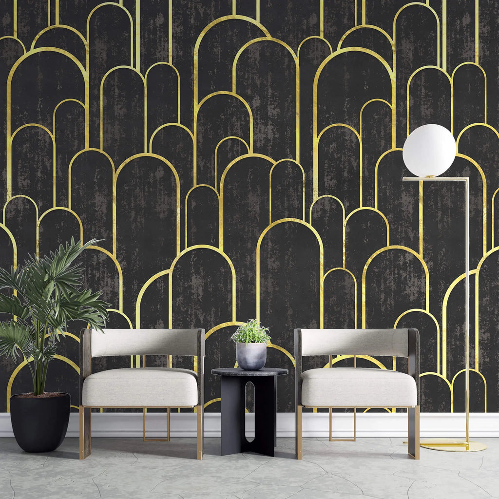 Tapet personalizat art deco cu arcade aurii pe fundal negru texturat in stil art deco golden black arches