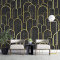 Tapet personalizat art deco cu arcade aurii pe fundal negru texturat in stil art deco golden black arches