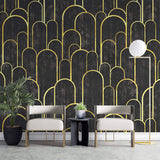 Tapet personalizat art deco cu arcade aurii pe fundal negru texturat in stil art deco golden black arches