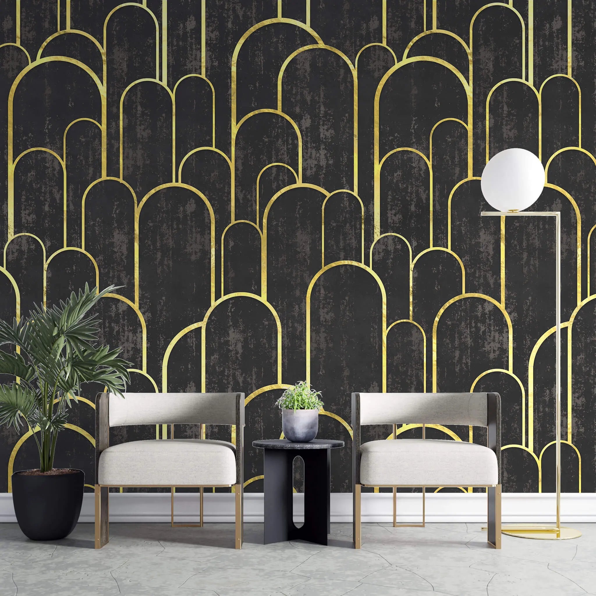 Tapet personalizat art deco cu arcade aurii pe fundal negru texturat in stil art deco golden black arches