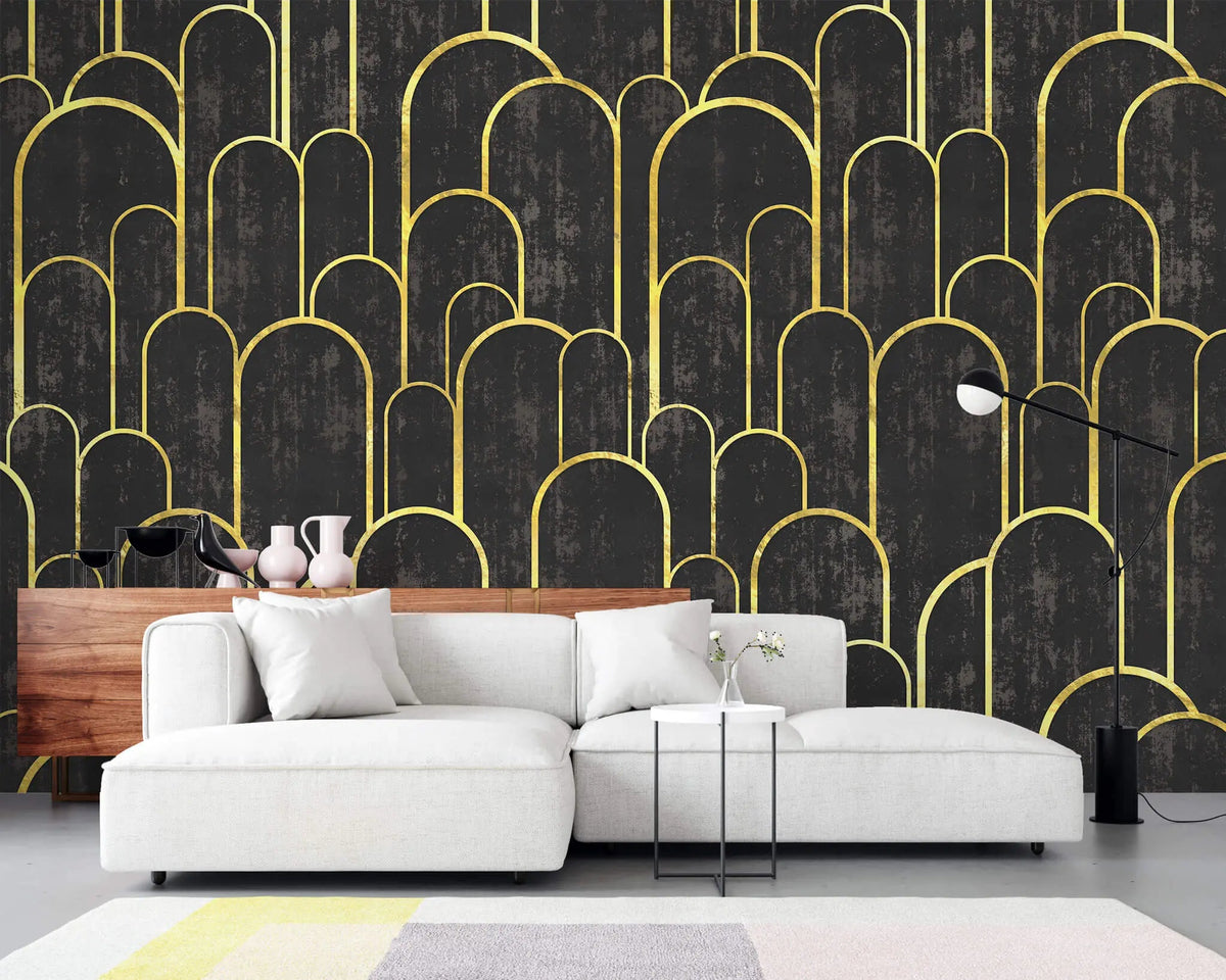 Tapet personalizat art deco cu arcade aurii pe fundal negru texturat in stil art deco golden black arches