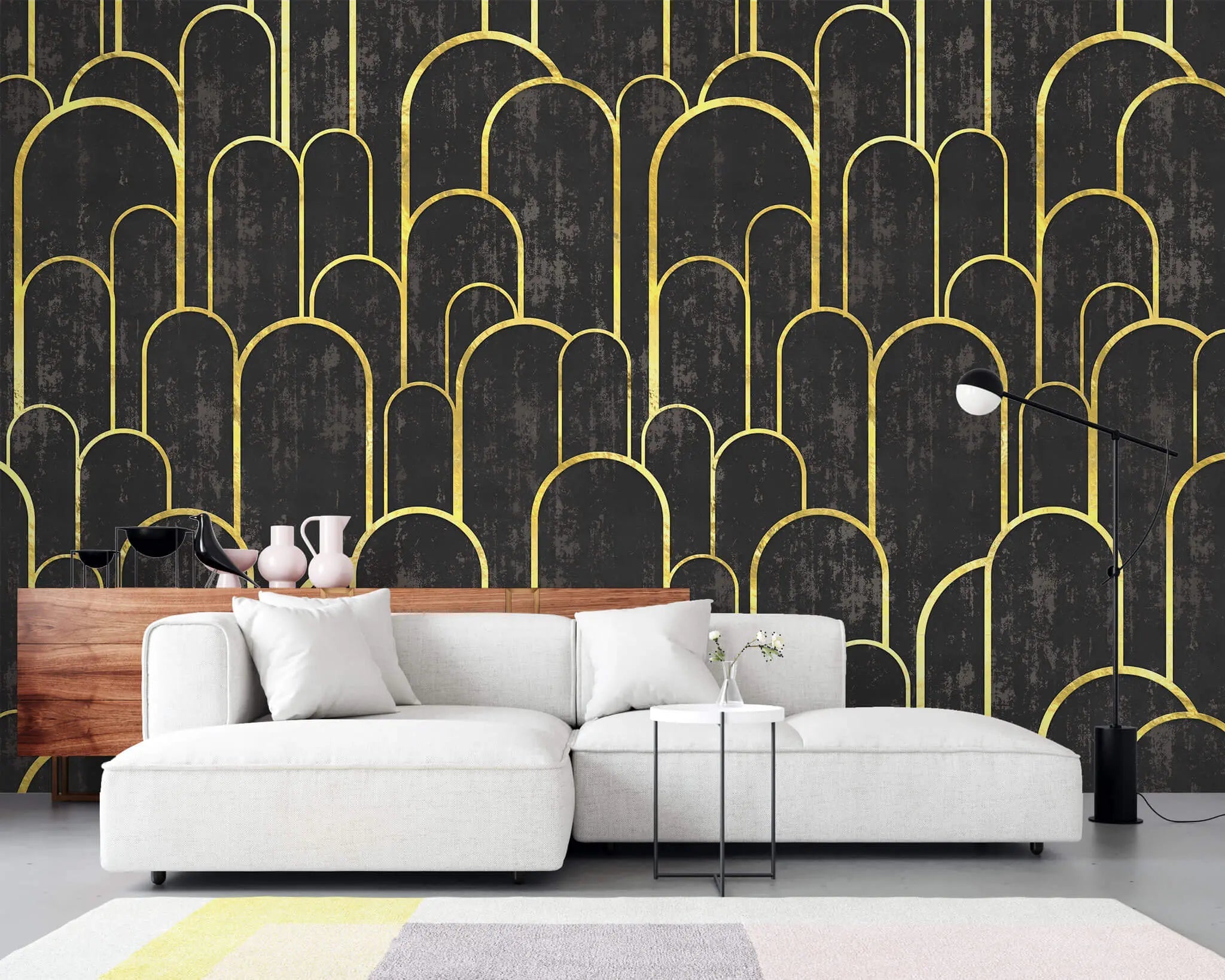 Tapet personalizat art deco cu arcade aurii pe fundal negru texturat in stil art deco golden black arches